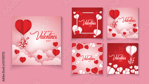 Happy valentines day greeting background in papercut realistic style. Social media post with gift boxes and hearts.Sales promotion on Valentine's Day.