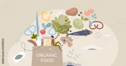 Food organics as fresh or healthy product consumption tiny person concept. Ecological nutrition purchase from local store for wide assortment meal preparation vector illustration. Bio eating lifestyle