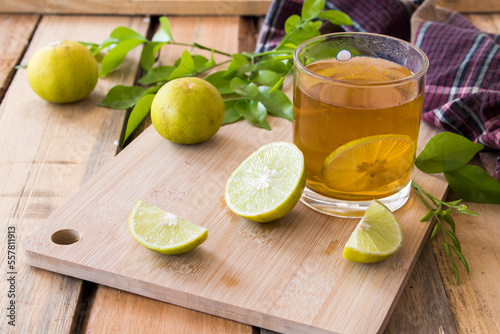 herbal hot lemon tea for health care sore throat arrangement flat lay style on background wooden