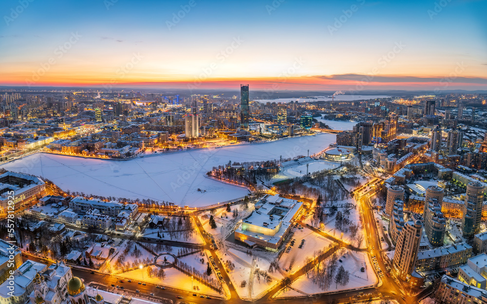 Yekaterinburg aerial panoramic view in Winter at sunset. Ekaterinburg is the fourth largest city in Russia located in the Eurasian continent on the border of Europe and Asia.