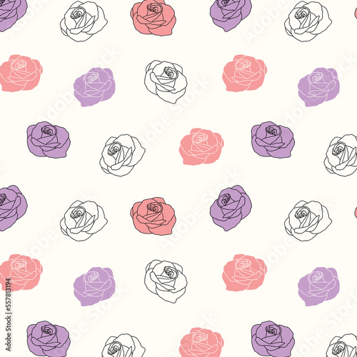 Pink Purple Rose Flower Silhouette Outline Allover Seamless Pattern Design Artwork