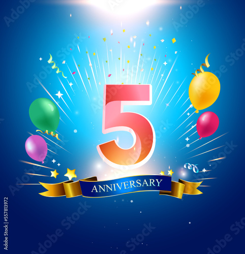 5th Anniversary with balloon, confetti, and blue background