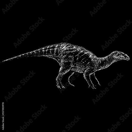 Iguanodon hand drawing vector isolated on black background.