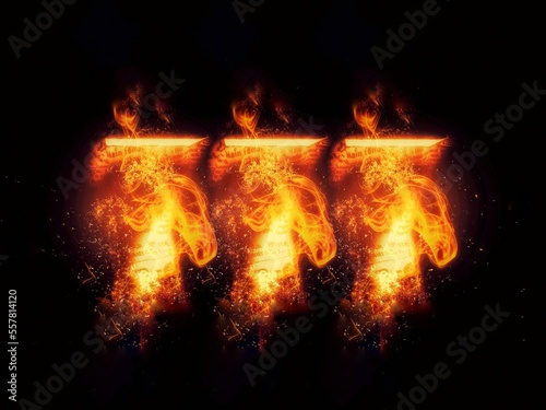 3dレンダリングの燃え上がる横に並んだ三個の赤い七の数字と黒背景