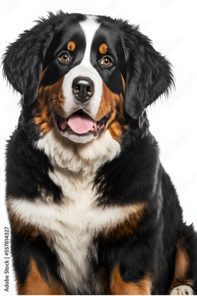 Bernese Pure Breed Dog Sitting on an Isolated White Background, Generative AI