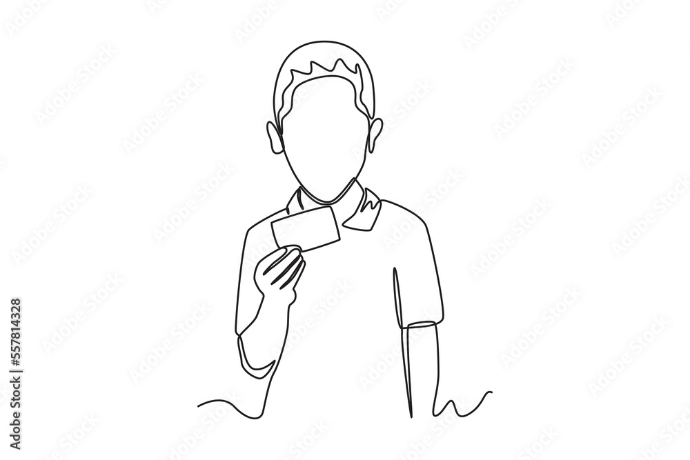 Continuous one line drawing happy boy using credit or debit card for online transaction. Cashless concept. Single line draw design vector graphic illustration. Continuous one line drawing happy boy using credit or debit card for online transaction. Cashless concept. Single line draw design vector graphic illustration.