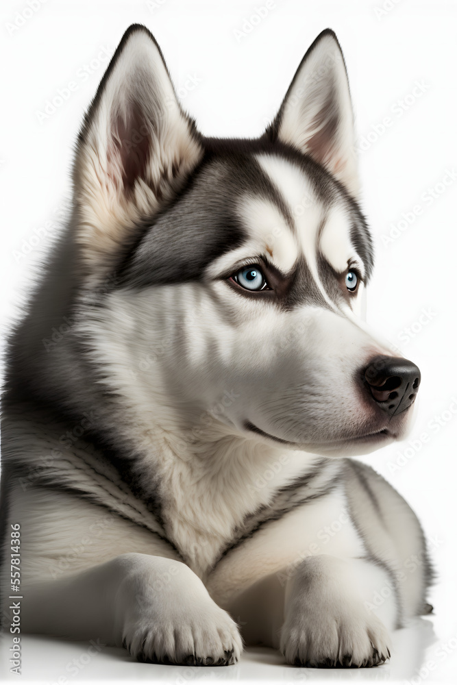 Husky dog laying down on a isolated white background, Generative AI