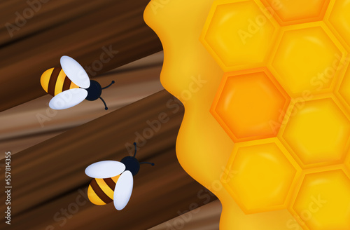 Bees with honeycombs on wooden boards. Vector 3d illustration. Insects in the apiary, a swarm of bees close-up, hexagonal yellow honeycombs. The concept of collecting nectar, agriculture, environment.