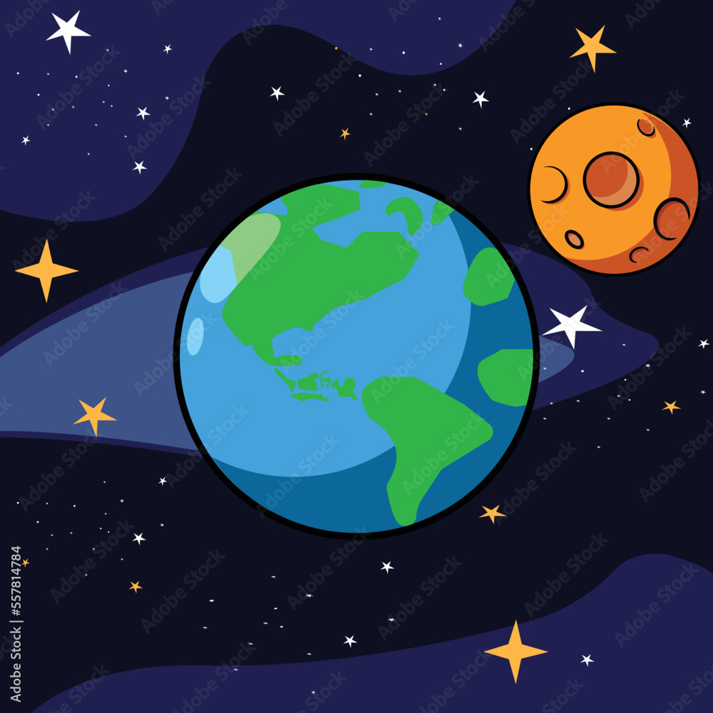 Fototapeta premium The Earth and moon in space, cartoon vector illustration