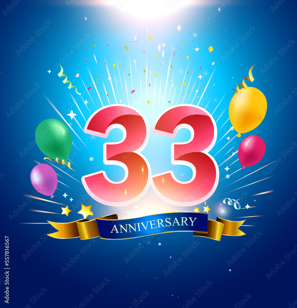33rd Anniversary with balloon, confetti, and blue background Stock ...