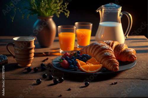 Cup of coffee and fresh croissan . French breakfast. photo