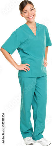 Medical nurse isolated in full body length in green scrubs on pure white background. Multiracial Asian and Caucasian female medical professional doctor or nurse smiling happy and joyful
