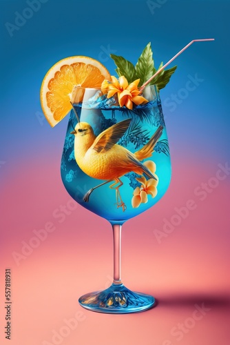  a painting of a bird on a blue glass with orange slices and leaves on the rim of the glass. © Oleg