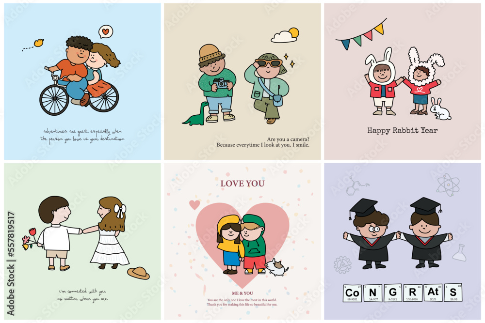 Cute cards and posters for valentine. Love festival. Marriged. Vector illustration of a date, teenager love, couple ride a bike, take a photo, with a dog.