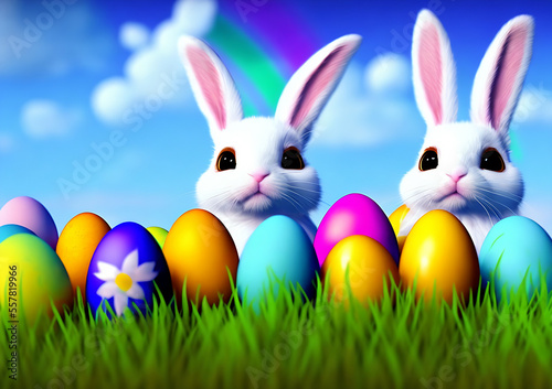 Easter fun with Adorable Cute Bunny, rainbows, and egg hunts. © CelestiumAngeli