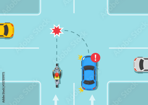 image descriptionSafety car driving and bike riding rules. Dangerous left turn in front of moving forward motorcycle. Car and motorcycle collision on crossroad. Flat vector illustration template.