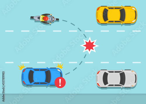 Safe motorcycle riding rules and tips. Changing lane accident. Same direction moving crash. Top view of a biker and car on a city road. Flat vector illustration template.