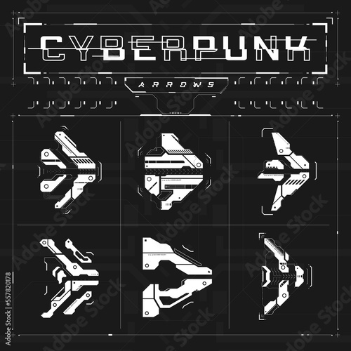 Set of cyberpunk arrows. Kit of futuristic interface cyber elements. Cyberpunk pointers, direction. Collection of tech style arrows for design of game UI, poster. Tech aesthetics. Vector illustration
