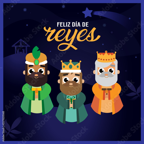 Los tres reyes magos sobre paisaje de fondo azul en feliz día de Epifanía en Enero