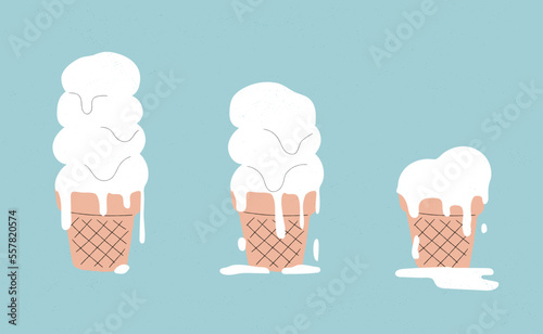Ice cream melting in three steps. Animation sequence. Set of Dripping white ice cream. flowing down ice cream balls in the waffle cone. Flat vector illustration. Hand drawn style with texture.