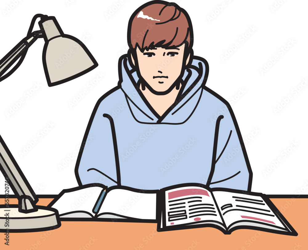 勉強、参考書を前に呆然とする男子 勉強、参考書を前に呆然とする男子