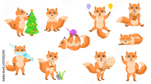 Fototapeta Naklejka Na Ścianę i Meble -  Big Set Abstract Collection Flat Cartoon Different Animal Foxes Vector Design Style Elements Fauna Wildlife