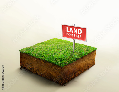Land for sale sign on grass and geology cross section with soil, ground ecology isolated on light color. real estate investment concept, land plot for housing construction project.  3d illustration.