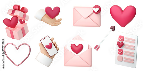 3d romantic collection icons set. Hearts, love letters and gifts. Concept of love day, Valentines day, social media likes, wedding event. 3d high quality render isolated