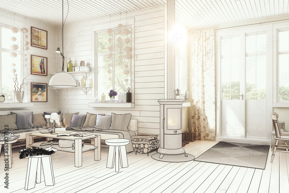 Naklejka premium Entwurf einer Ferienhauseinrichtung in Skandinavischen Stil - 3D Visualisierung