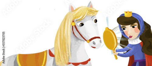 cartoon princess queen with her friend horse illustration