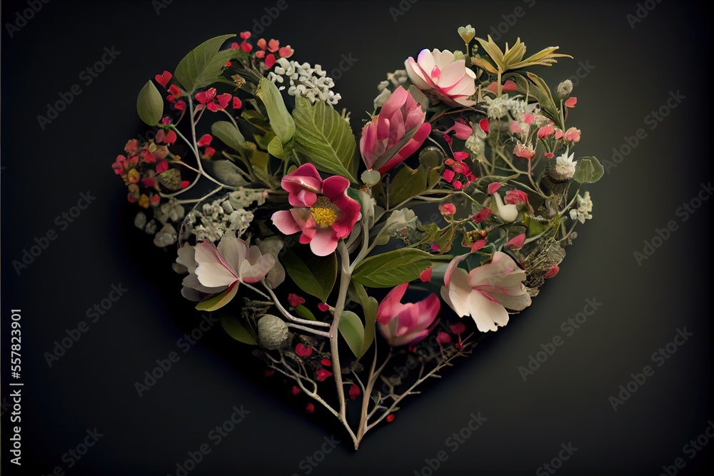Floral Heart - 3D generative AI image of a heart made of flowers to ...