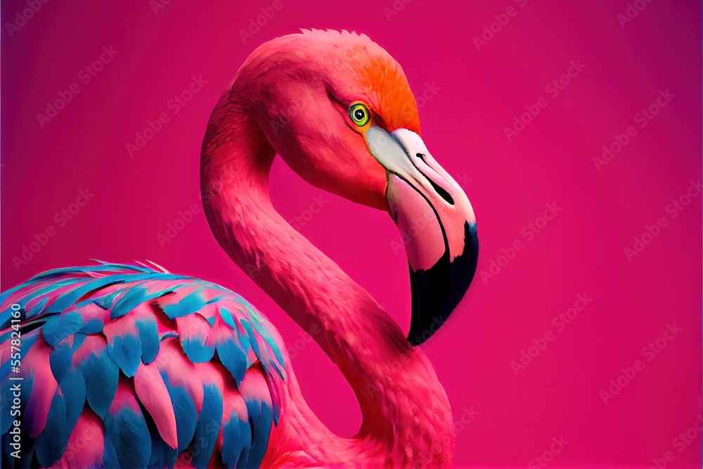 Obraz premium bright pink flamingo - a bright flamingo bird in pink studio background made by generative AI. Regal and peaceful bird standing 