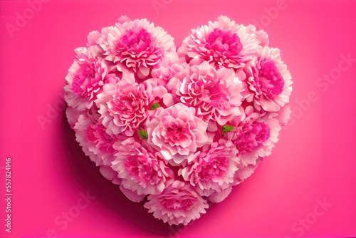 Pink Carnation Heart - 3D generative AI image of a heart made of flowers to celebrate Valentine's Day 2023. February holiday celebration of love, romance, and caring with a modern look and feel