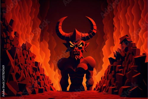 Satan in Hell - The devil is a red demon living in the hellish underworld of Catholic religions. This character is made by generative AI to represent beelzebub, the prince of darkness himself photo