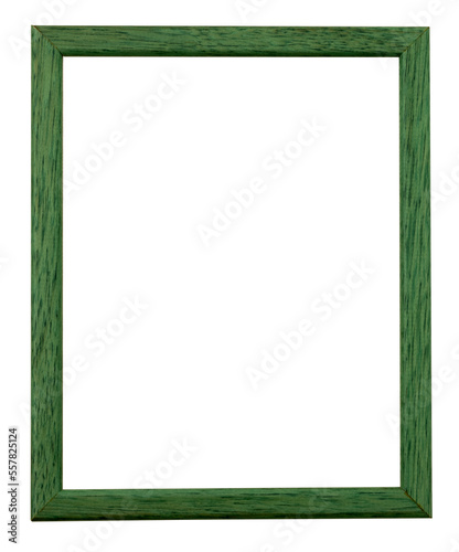 Old green wooden Image frame on a white textured wall. Photo frame with clean copy space for your content.
