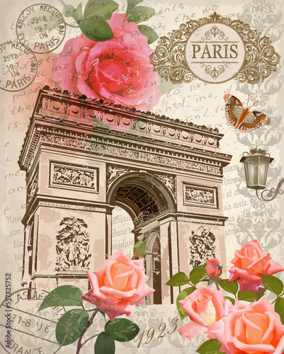 Vintage postcard Paris with Triumphal Arch and roses.