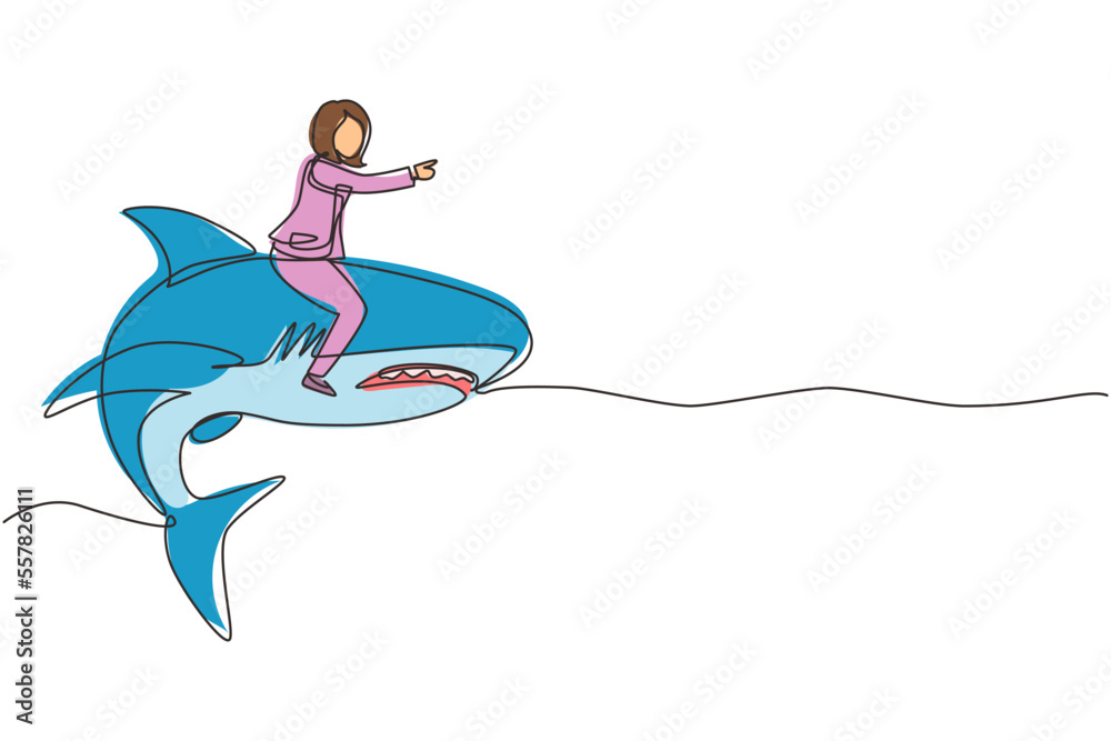 Single one line drawing brave businesswoman riding huge dangerous shark. Professional entrepreneur female character. Successful business woman. Continuous line draw design graphic vector illustration