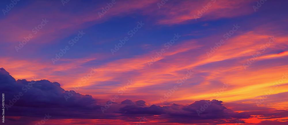 Beautiful orange and purple sky and clouds at sunset.