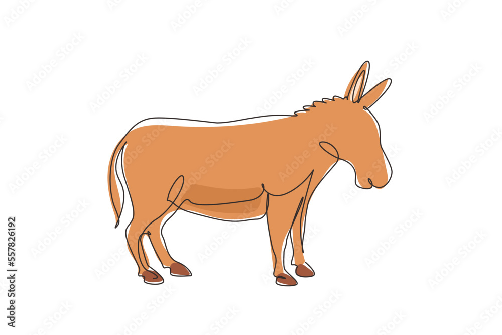 Obraz premium Single one line drawing donkey cute farm animal. Friendly tame animals mascot for livestock. Helping farmers bring agricultural produce. Modern continuous line draw design graphic vector illustration