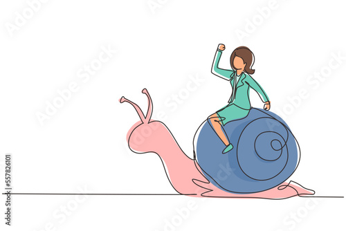 Single one line drawing businesswoman rides snail. Weak competitor. Ineffective manager, bad solution. Slow business progress, laziness. Modern continuous line draw design graphic vector illustration photo