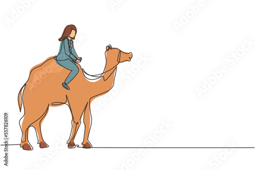 Continuous one line drawing Arabian businesswoman riding camel. Investment, bullish stock market trading, rising bonds trend. Successful business woman trader. Single line draw design vector graphic