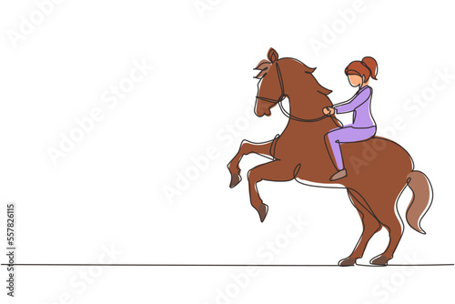 Continuous one line drawing businesswoman riding horse symbol of success. Business metaphor concept, looking at the goal, achievement, leadership. Single line draw design vector graphic illustration © Simple Line