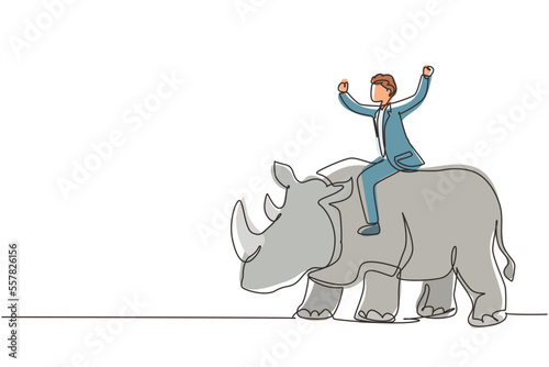 Single one line drawing businessman riding rhinoceros symbol of success. Business metaphor concept  looking at goal  achievement  leadership. Continuous line draw design graphic vector illustration