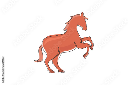 Single continuous line drawing proud white horse walks gracefully with its front hoof forward. Wild mustang gallops in free nature. Strong animal mascot. One line graphic design vector illustration