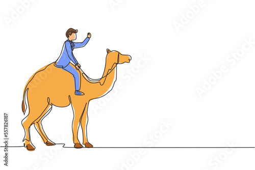 Continuous one line drawing Arabian businessman riding camel. Investment, bullish stock market trading, rising bonds trend. Successful business man trader. Single line draw design vector graphic