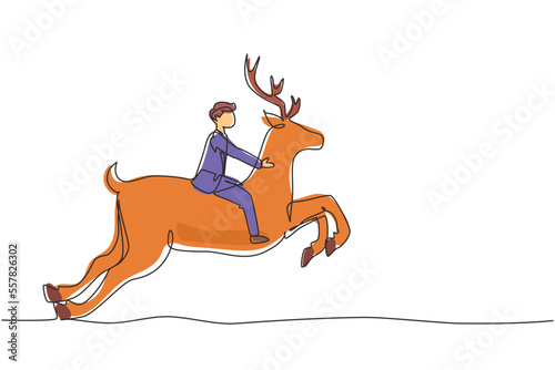 Continuous one line drawing businessman riding deer. Investment  bullish stock market trading  rising bonds trend. Successful businessman trader. Single line draw design vector graphic illustration
