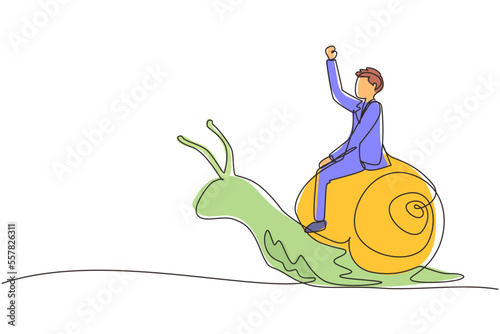 Single one line drawing businessman rides snail. Weak competitor. Ineffective manager, bad solution. Slow business progress, laziness. Modern continuous line draw design graphic vector illustration photo