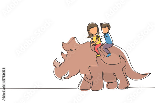 Single continuous line drawing little boy and girl caveman riding triceratops together. Kids sitting on back of dinosaur. Stone age children. Ancient human life. One line draw graphic design vector