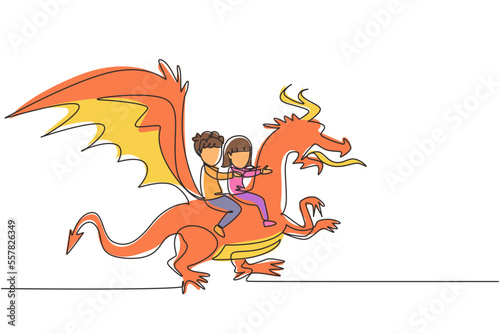 Single one line drawing happy little boy and girl flying with fantasy dragon together. Children fly and sitting on back dragon at the sky. Kids imaginary fairytale. Continuous line draw design vector