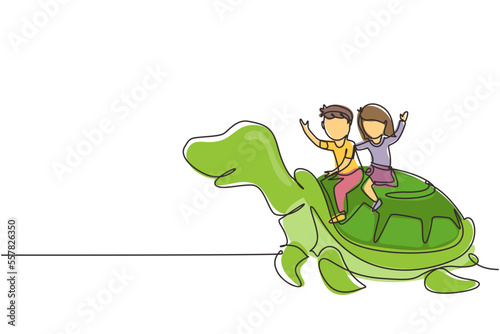 Continuous one line drawing little boy and girl riding sea turtle together. Children sitting on back tortoise with fins diving in beach. Kids learning to ride turtle. Single line draw design vector